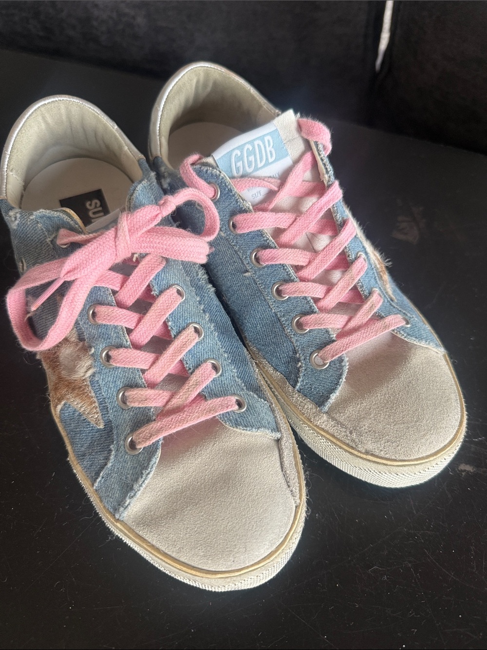 Golden Goose Blue Denim Sneakers with Pink Laces